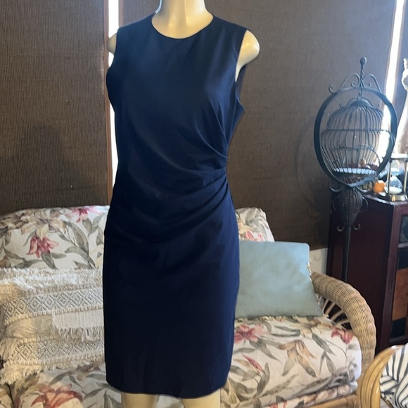 NWT Theory Sleeveless Front Ruching Sheath Dress, Sea Blue - Picture 12 of 15